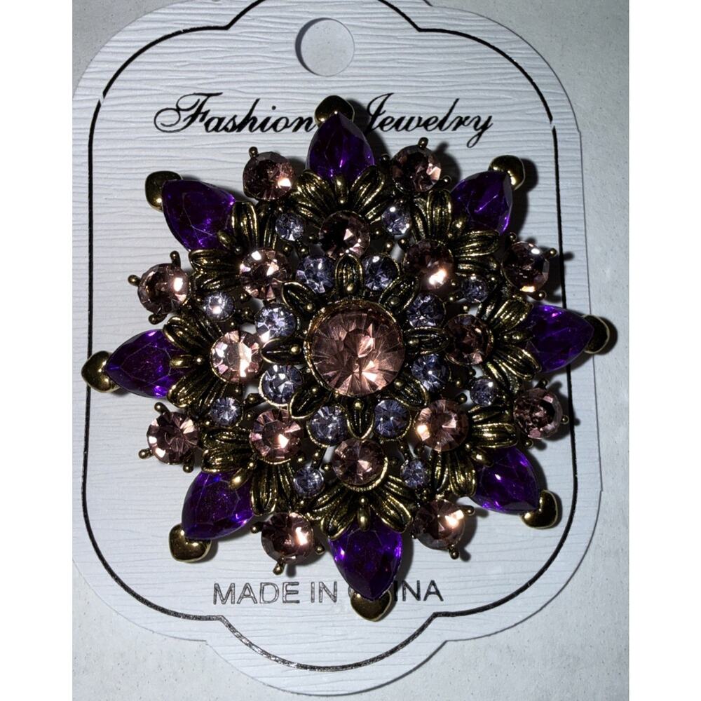 NWT Purple Rhinestone Starburst Brooch Gold Plated Statement Faux Amethyst